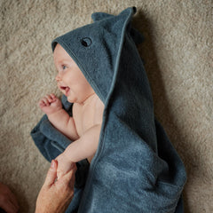 Huxie Dino Tradewinds hooded towel back view, cozy wrap after bath