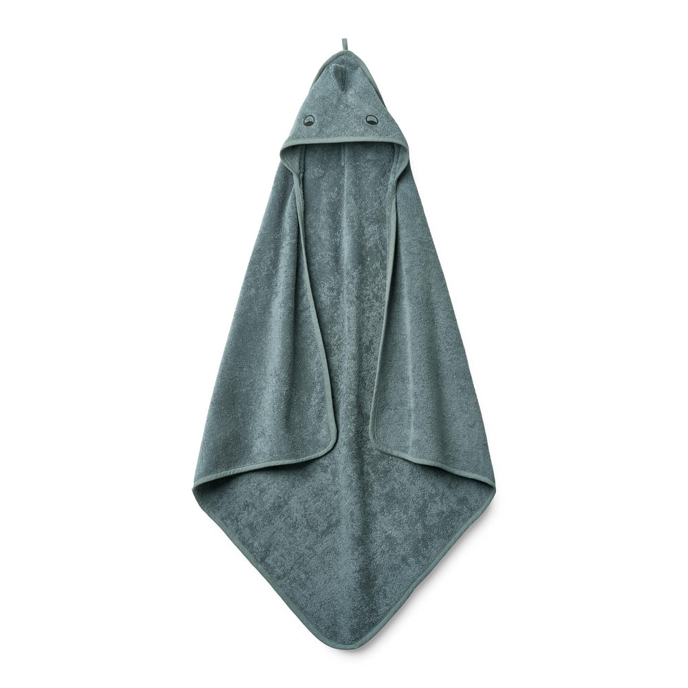 Huxie Dino Tradewinds hooded towel front view, ultra-soft for gentle post-bath drying