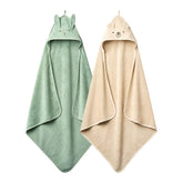 Huxie hooded towel in Bear Fog showing plush organic cotton softness after bath
