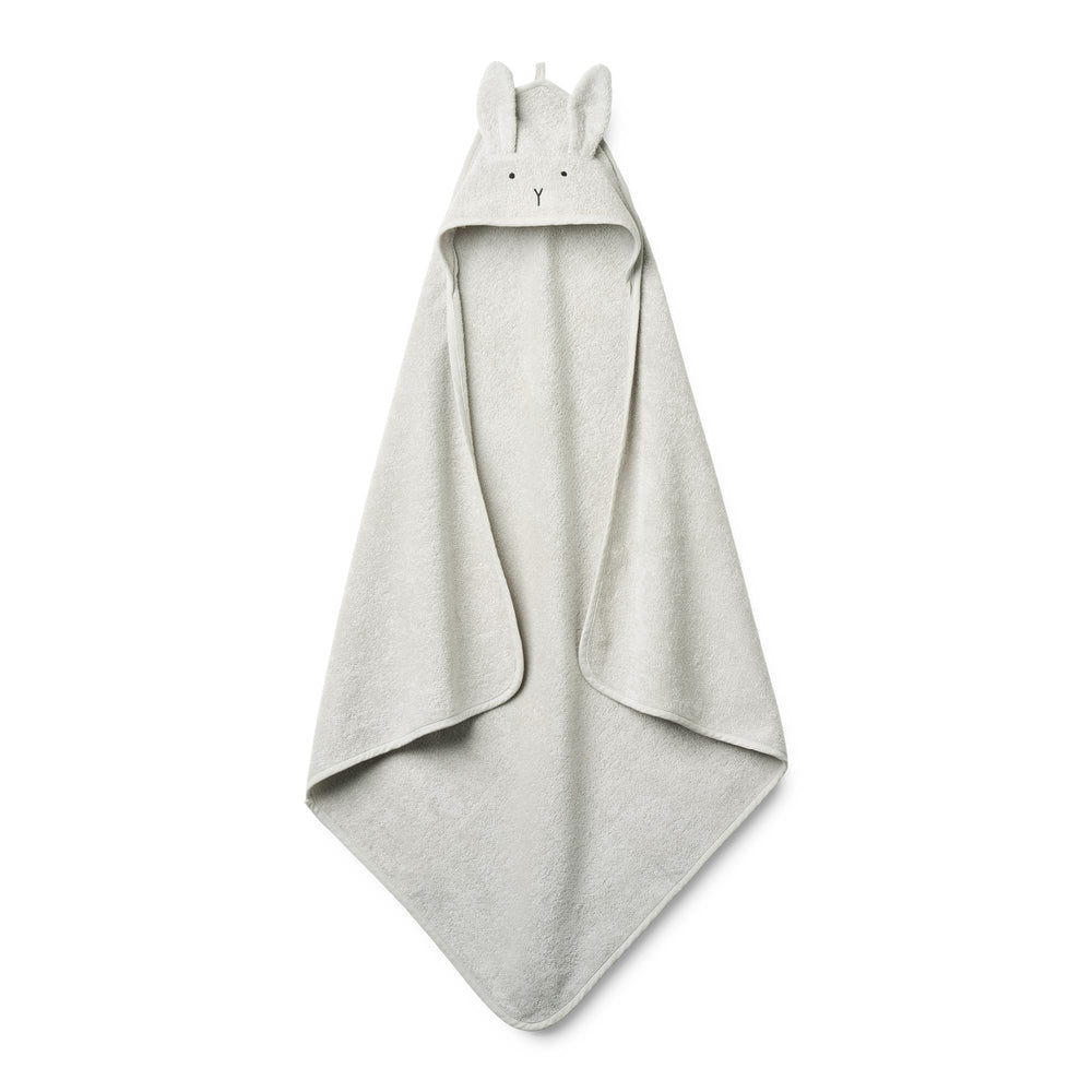 Huxie Rabbit Pearl Grey hooded towel front view, cozy organic cotton warmth for baby