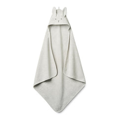 Huxie Rabbit Pearl Grey hooded towel front view, cozy organic cotton warmth for baby