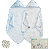 IBESTOPIA baby hooded towel with blue castle print for gentle post-bath warmth.
