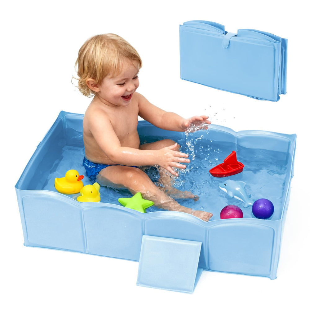 ICECTR collapsible baby bathtub folded state for compact storage and travel convenience.
