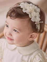 ICKEYOU baby girls hairband with a white lace bow, gentle on delicate scalps.