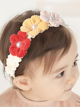 ICKEYOU baby headband with beige and pink lace flowers for newborn photos.