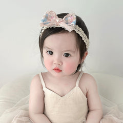 ICKEYOU bowknot headband with lace in pink, gentle on delicate scalp.