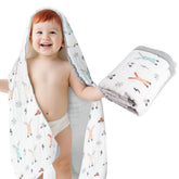ICKEYOU Muslin Baby Towel grey animal print, large size for full-body drying.