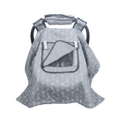 ICOPUCA car seat canopy with two-layer windows keeps baby protected while you check in nearby.