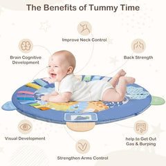 Detachable toys on ICOSY mat provide audible cues for early listening exploration.