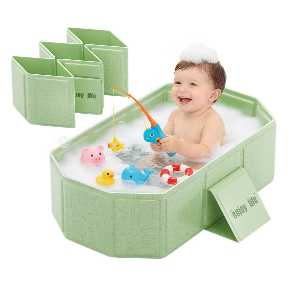 IcyByte collapsible baby bathtub folded for compact storage in small spaces.