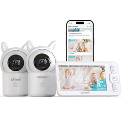 ieGeek baby monitor with split-screen view showing two cameras for simultaneous monitoring.