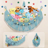 iHansee turquoise corner hammock stores plush toys to reduce clutter in kids' rooms.