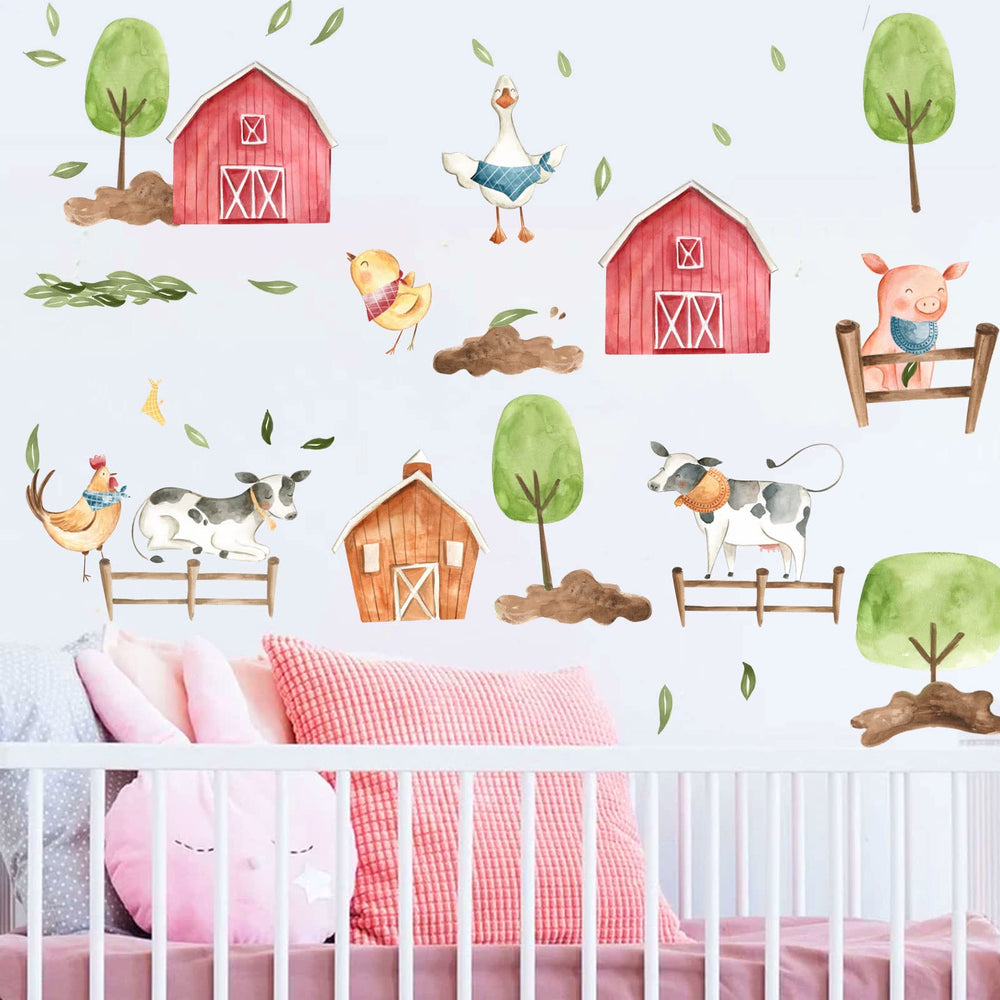 iinuu Farm Animals wall decals display a watercolor tree and farmhouse scene for nursery walls.