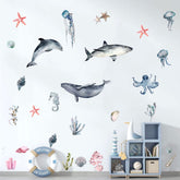 iinuu whale watercolor ocean wall decal for kids room, removable without residue.