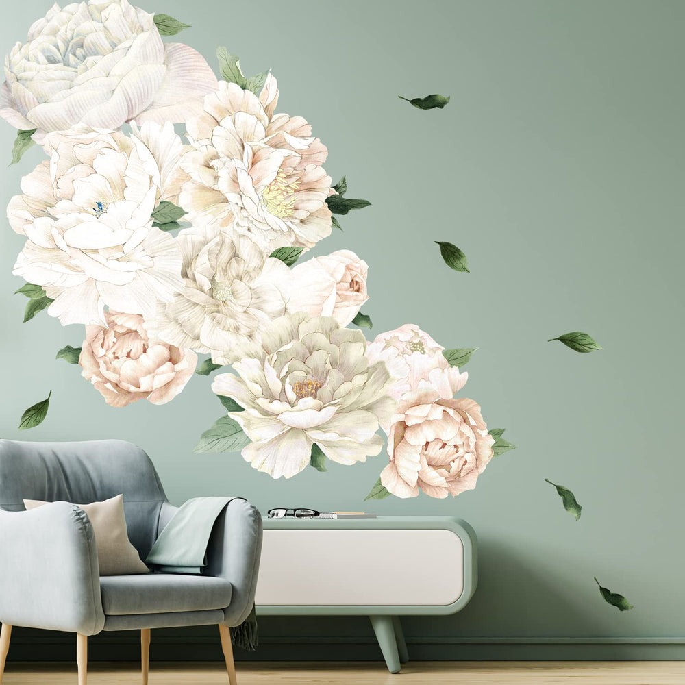 iinuu White Peony wall decal in a girl’s bedroom creates a soft, whimsical focal point.