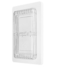 ILIVABLE light switch guard on screwless wall plate, front view, prevents accidental switching
