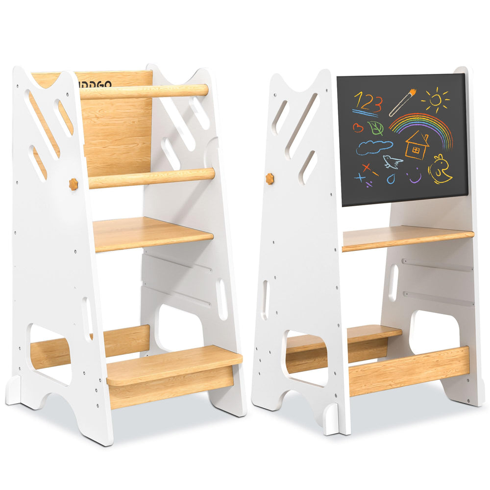 Buddgo chalkboard panel on the toddler standing tower promotes drawing during kitchen time
