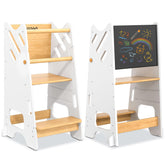 Buddgo chalkboard panel on the toddler standing tower promotes drawing during kitchen time