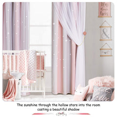 NICETOWN 2 Panels Stars Blackout Curtains for Bedroom Girls Kids Baby Window Decoration Double Layer Star Cut Out Aesthetic Living Room Decor Wall Home Curtain, W34 x L84 Inches, Pink & Grey