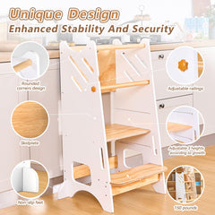 Buddgo height-adjustment on the standing tower lets toddlers reach counters safely