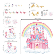 decalmile Rainbow Castle Wall Decals Unicorn Rainbow Butterfly Clouds Wall Stickers Girls Bedroom Baby Nursery Daycare Wall Decor