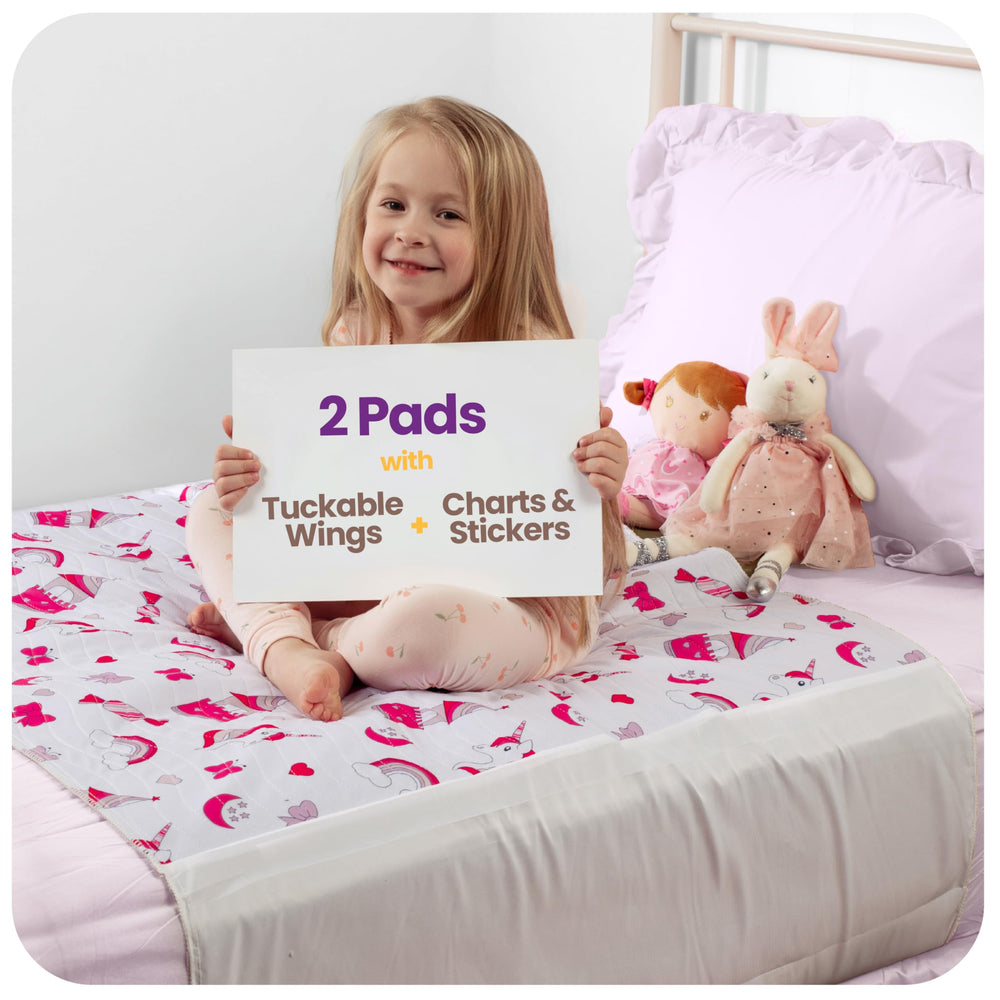 IMPROVIA Toddler Bed Wetting Pad unicorn design close-up of soft top layer and absorbent core