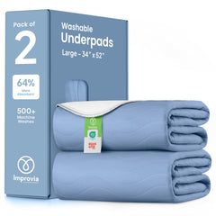 IMPROVIA washable underpad with blue edges demonstrating edge-to-edge wick protection.