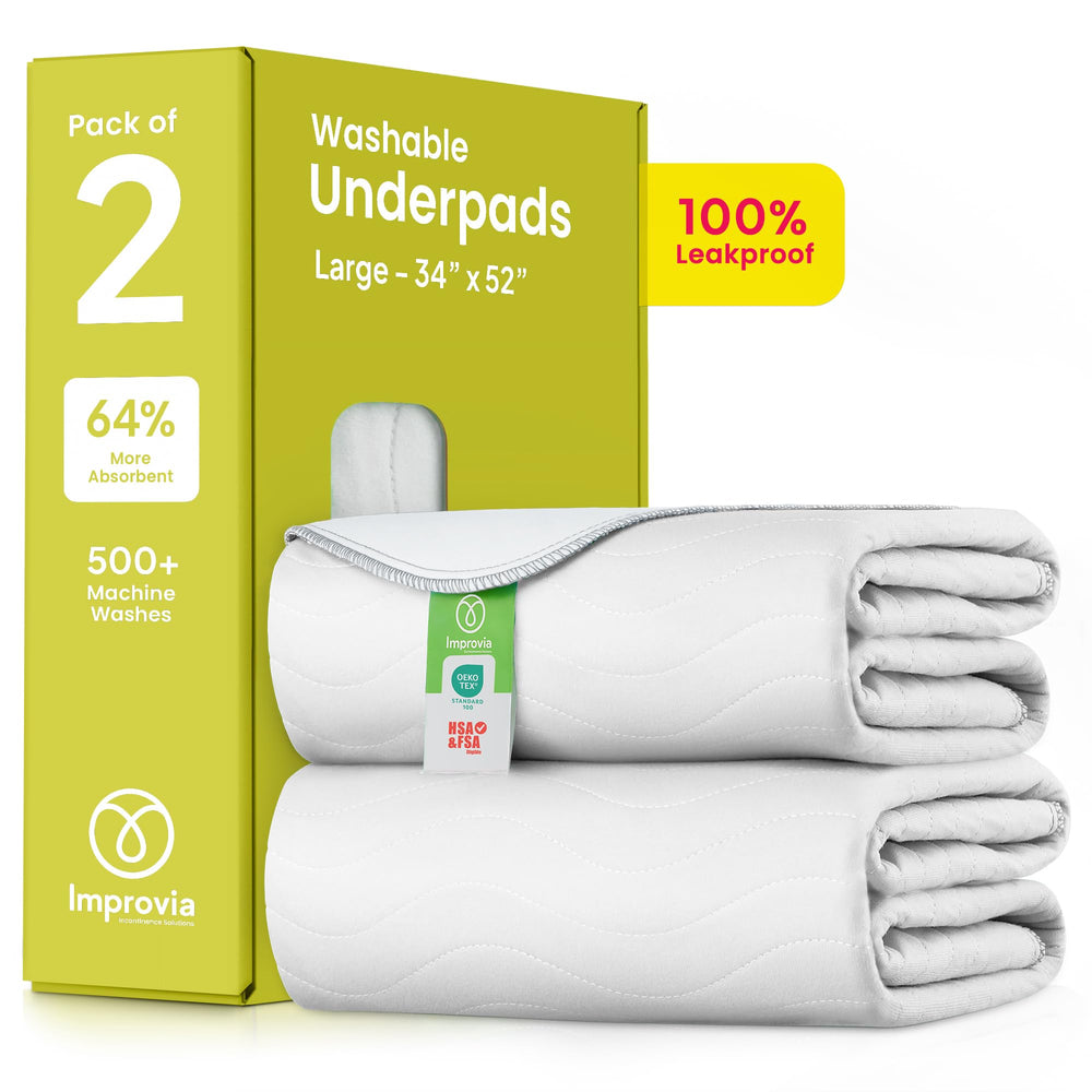 IMPROVIA underpads 2-pack package, 34x52 size, versatile coverage.