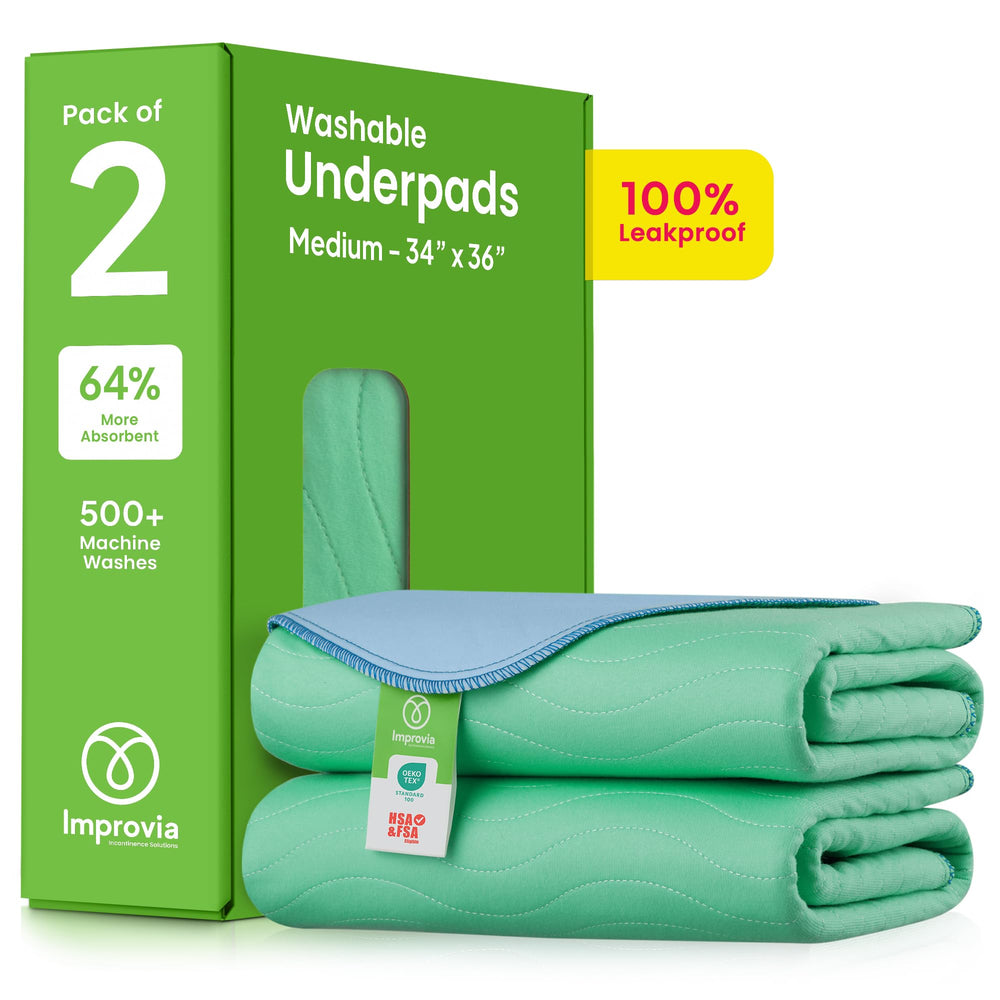 IMPROVIA washable underpads 34x36, pack of two, offer leakproof bed protection.