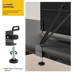 IMtKotW metal C-clamp mount fits desks up to 1.77 inches thick.