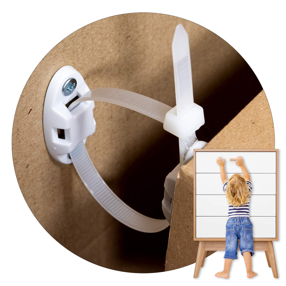 Inaya 12-pack furniture anchors securing a bookshelf to the wall for childproofing.