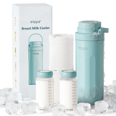 Inaya cooler front view with dual bottles for on-the-go breast milk storage.