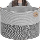 INDRESSME 115L blanket basket close-up highlighting durable cotton rope for long-lasting storage.