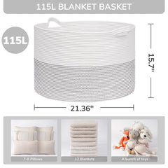 INDRESSME 115L blanket basket side view highlighting sturdy cotton rope construction.