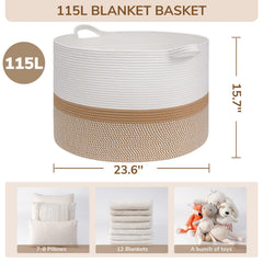 INDRESSME 115L side-view cotton rope basket highlighting generous capacity for laundry.