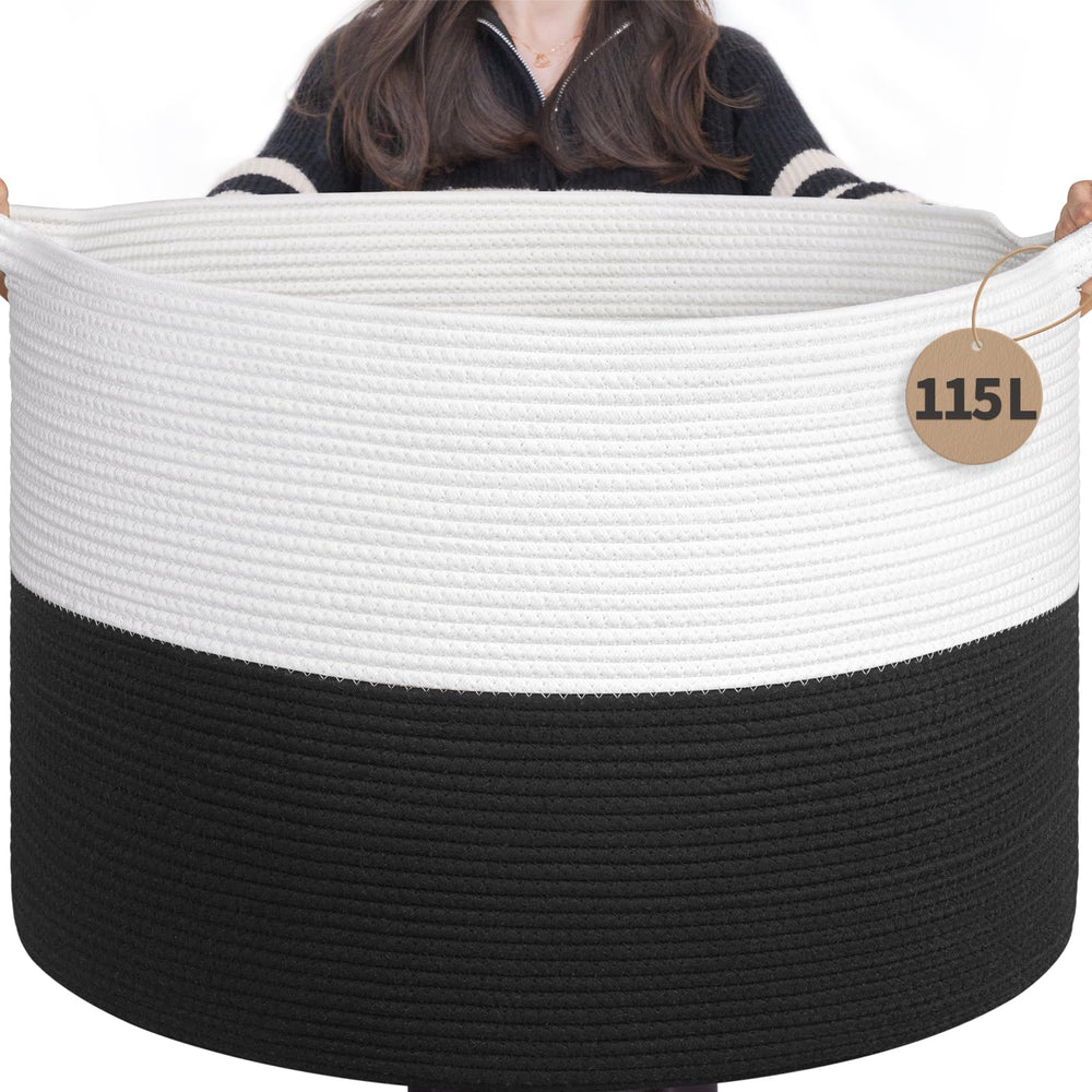 INDRESSME 115L extra-large cotton rope blanket basket for blanket storage and toy organization.