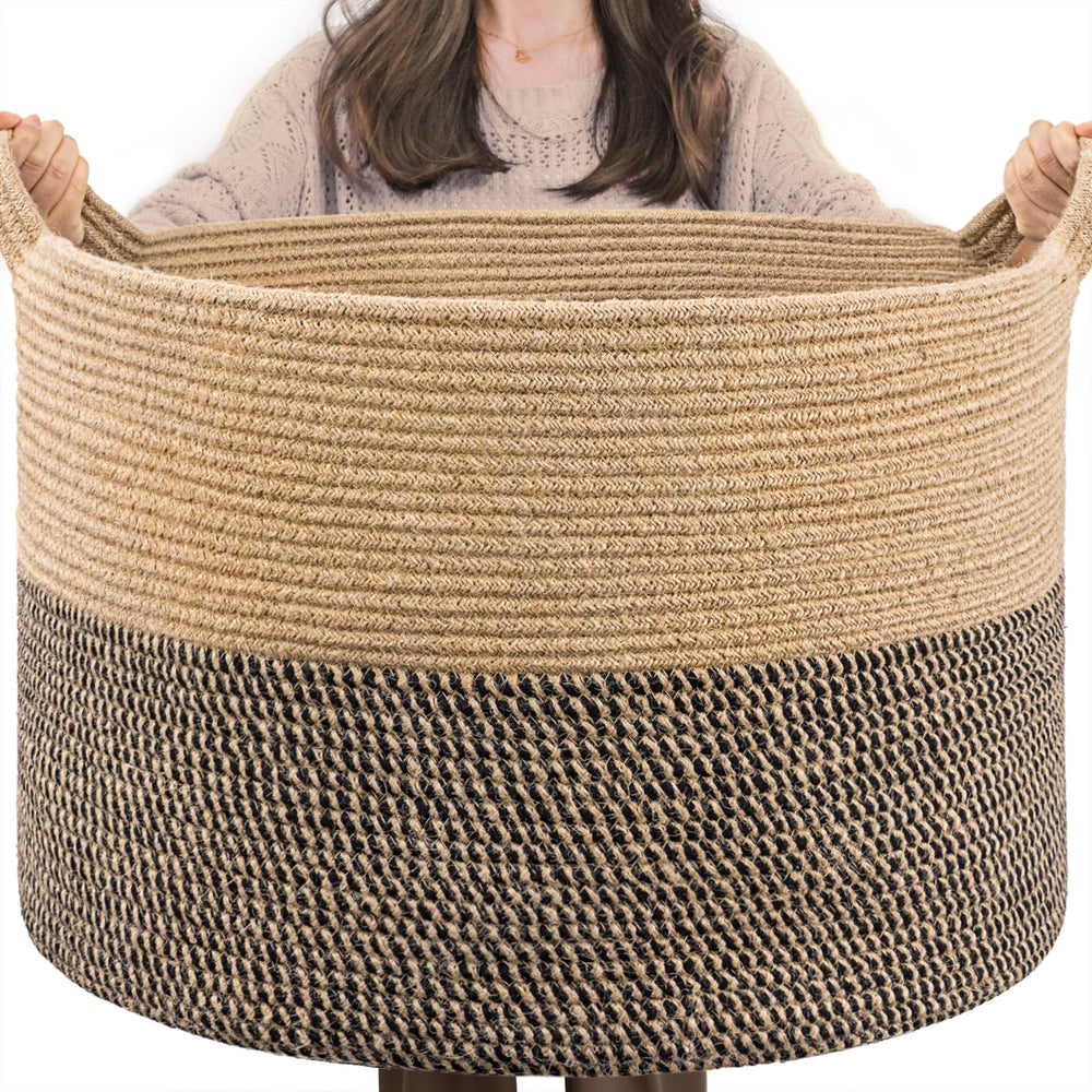 INDRESSME extra large woven basket holds blankets in a cozy living room.