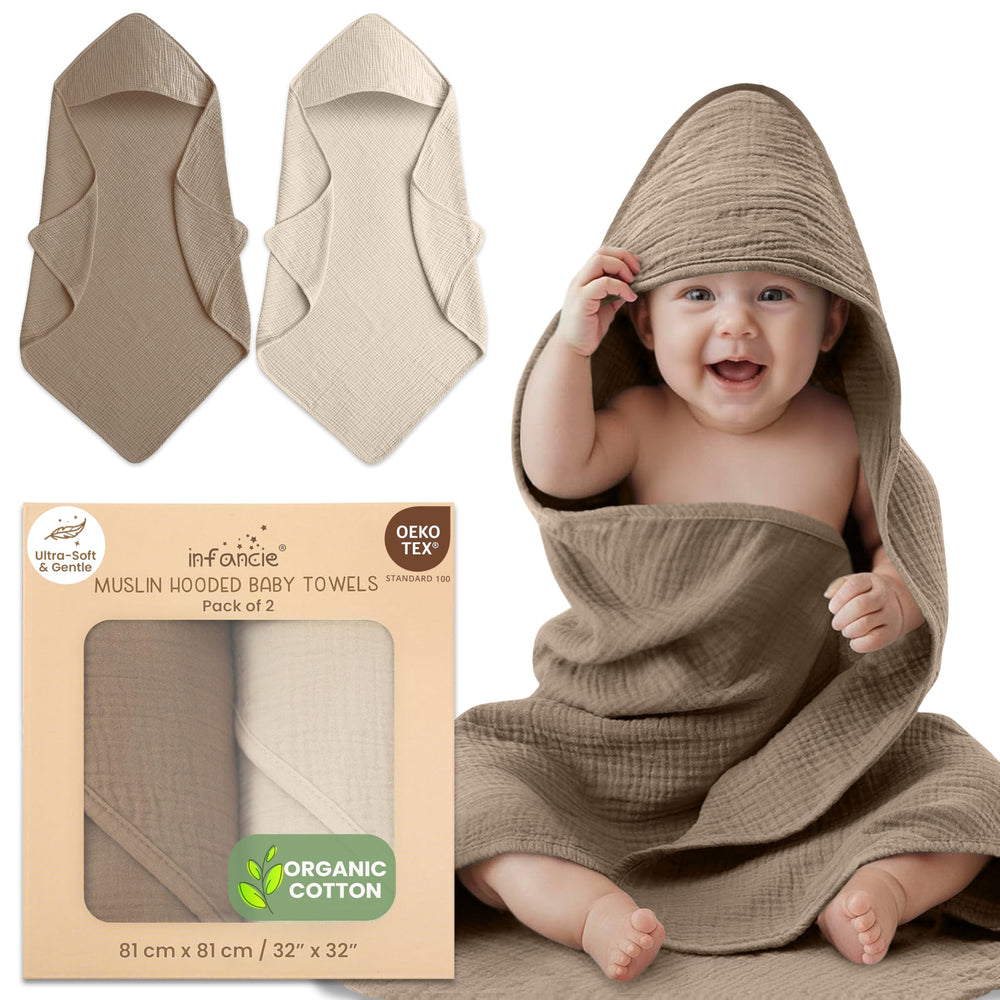 Infancie organic cotton muslin hooded towel in olive and ivory, ultra-soft for newborn skin