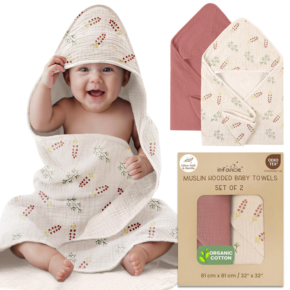 Infancie Organic Cotton Muslin Hooded Towel pink floral – front view showing soft fabric.
