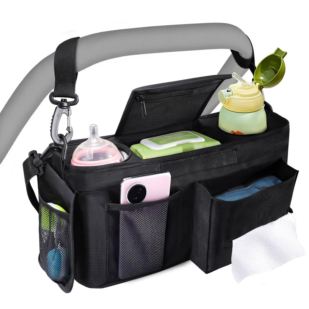 INFANZIA universal stroller organizer with central compartment keeps essentials at hand