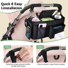INFANZIA organizer side mesh pockets hold snacks or wipes within reach