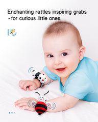 Infinno foot finders on baby's ankles encourage kicking and tracking