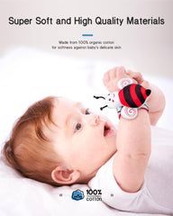 Infinno wrist rattles on baby's wrists provide engaging sensory feedback