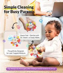 Infinno kid-friendly rattle-teether in vivid hues boosts visual attention.