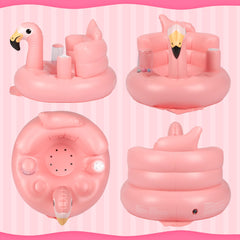 InflateFly baby seat flamingo design close-up to engage infant curiosity.