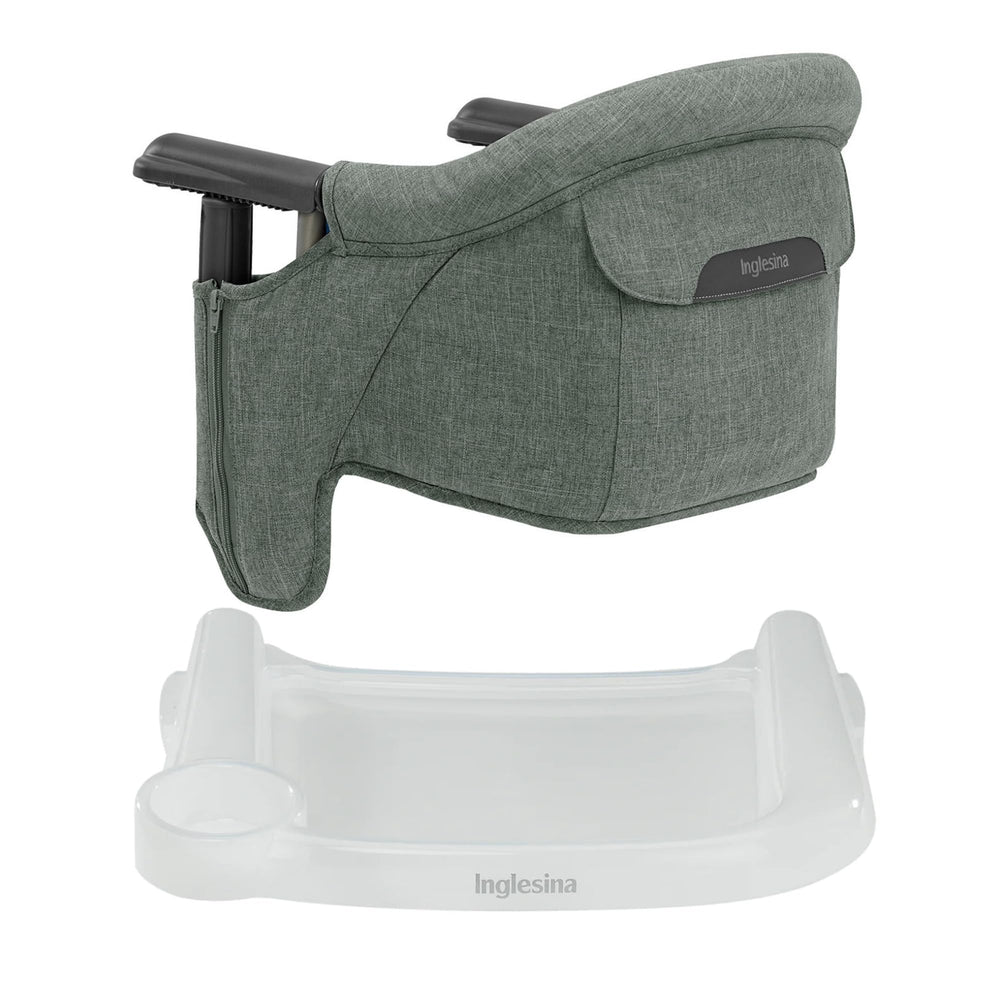 Inglesina Fast Table Chair Pine Green Melange with dining tray for mess-free meals.