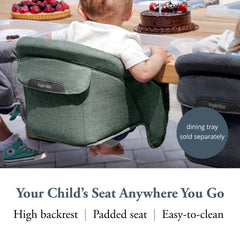 Inglesina Fast Table Chair Pine Green Melange attached to a table with secure clamp