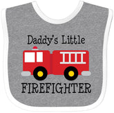 inktastic Daddy's Little Firefighter bib in heather and white with red fire truck logo; soft cotton for feeding time