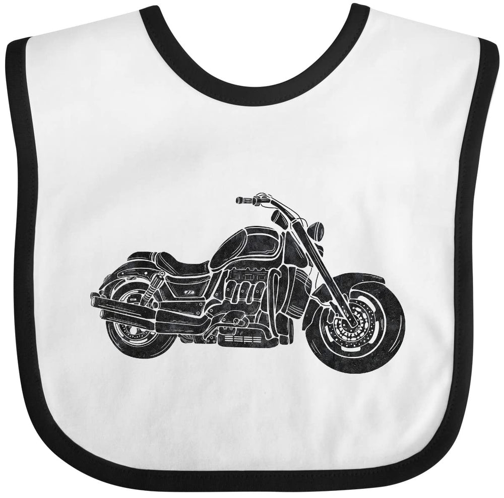 inktastic distressed motorcycle baby bib white and black, soft cotton with hook-and-loop closure for easy wear.