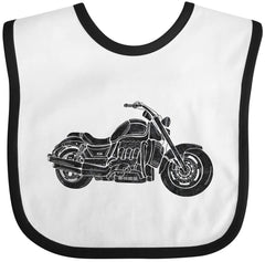 inktastic distressed motorcycle baby bib white and black, soft cotton with hook-and-loop closure for easy wear.